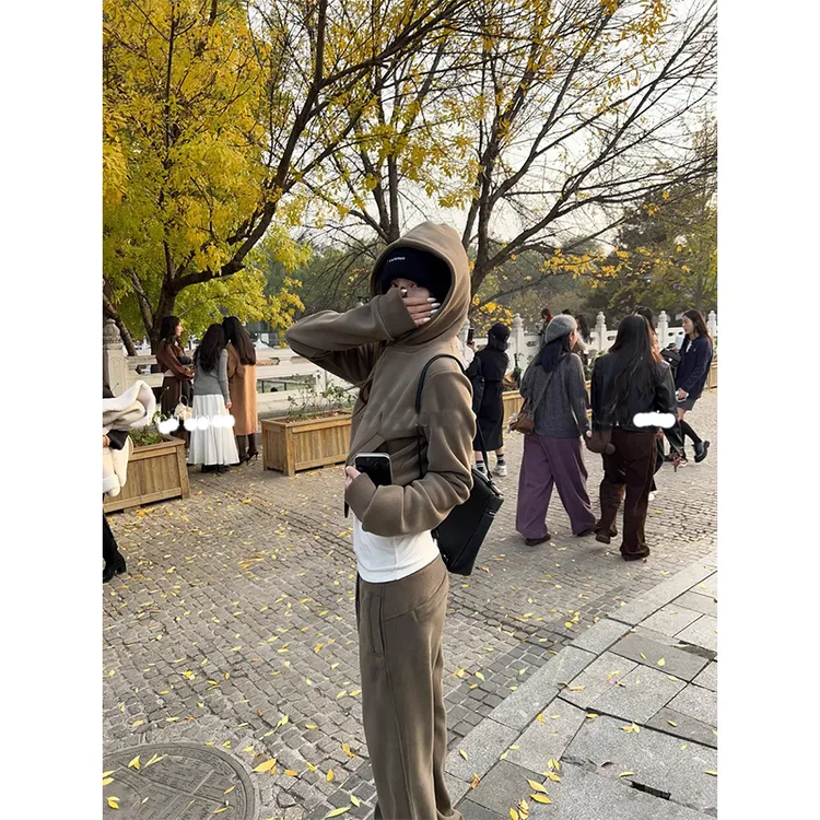 TWOMILLION短款连帽卫衣开衫外套女宽松微喇卫裤小个子休闲套装