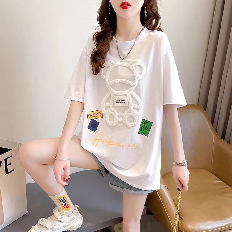 白色短袖T恤女夏季韩版美式复古卡通小熊宽松大版中长款半袖上衣