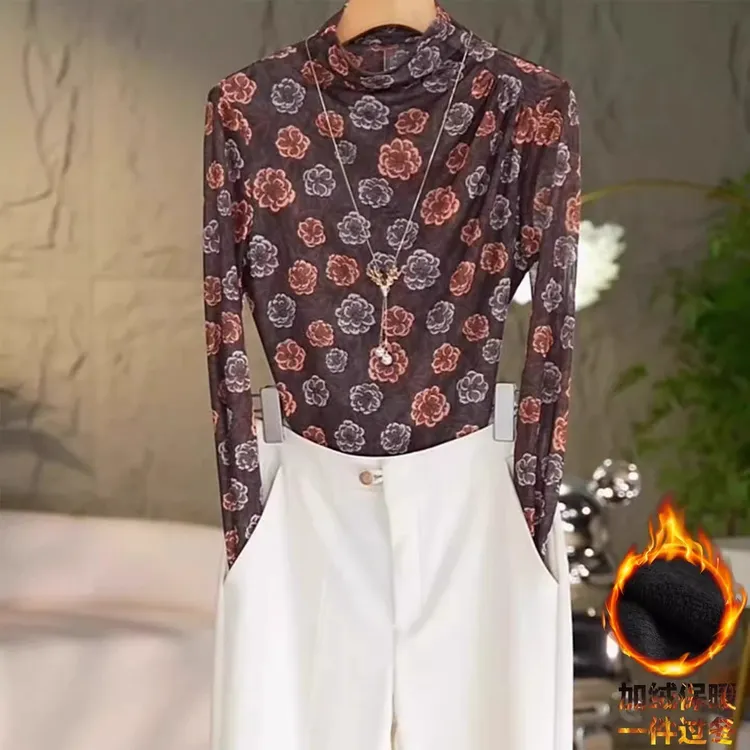 高贵上档次高领长袖T恤2025新款潮流气质时尚显瘦网纱打底衫上衣