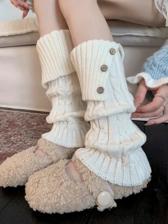 秋冬复古麻花针织袜套纽扣翻边保暖辣妹走秀显瘦时尚小腿袜堆堆套