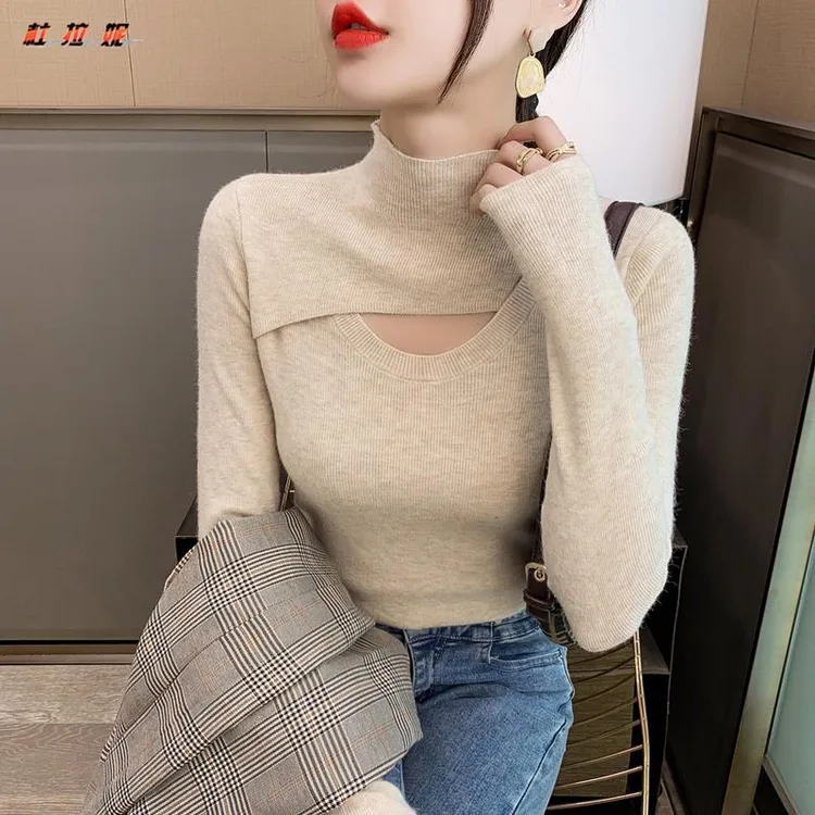 杜拉妮半高领镂空设计感打底衫女士2025初秋针织薄款紧身洋气毛衣