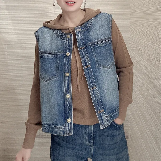女薄款马夹女款春夏刺绣牛仔马甲短款潮流时尚拼接