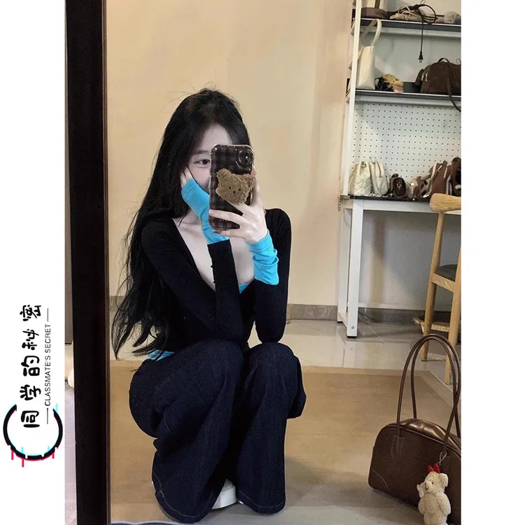 辣妹撞色假两件长袖打底衫女纯欲早春秋修身显瘦T恤内搭外穿上衣