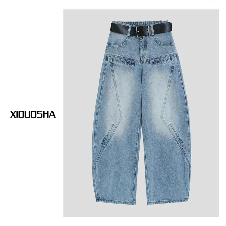 XIDUOSHA/喜朵莎原创设计款欧版显示个性牛仔洗水弯刀裤XDS1030