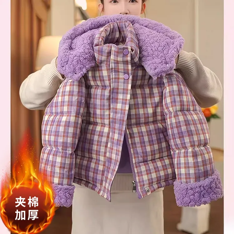 女童格子连帽棉衣外套冬装2025新款中大童洋气加厚保暖棉服儿童潮