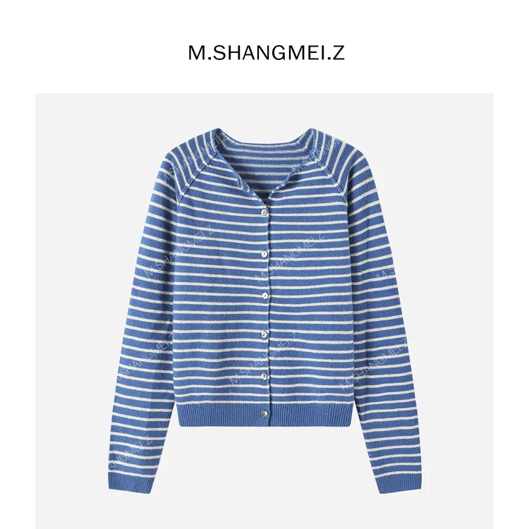 M.SHANGMEI.Z/沐熙【蓝调时刻】美大哥撞色条纹开衫毛针织衫X113195