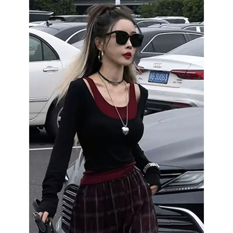 《大掌柜专属》秋季美式辣妹挂脖打底衫女春秋内搭长袖T恤假两件短款小个子上衣