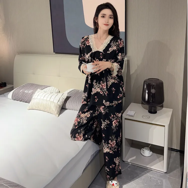 可外穿睡衣两件套大码ins风睡衣法式蕾丝花边超柔软醋酸锻宽松版