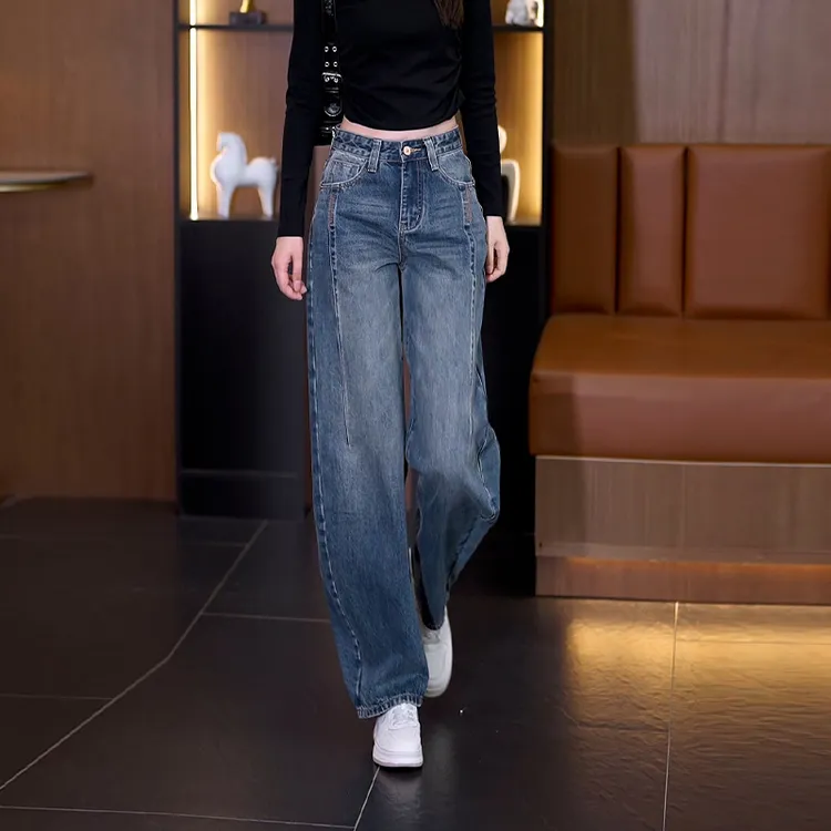 蓝色弯刀牛仔直筒裤女2025新款春秋季大码垂感高腰松弛感阔腿裤子