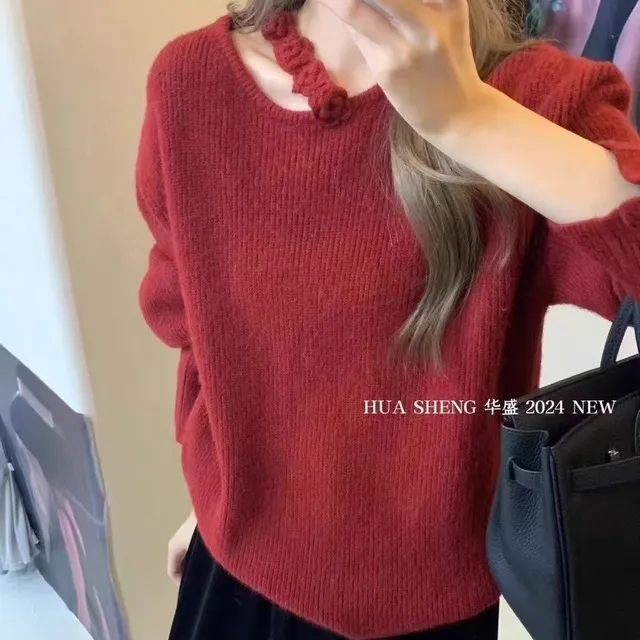 设计感花朵慵懒风显瘦套头毛衣女2025年秋冬新款宽松软糯针织上衣