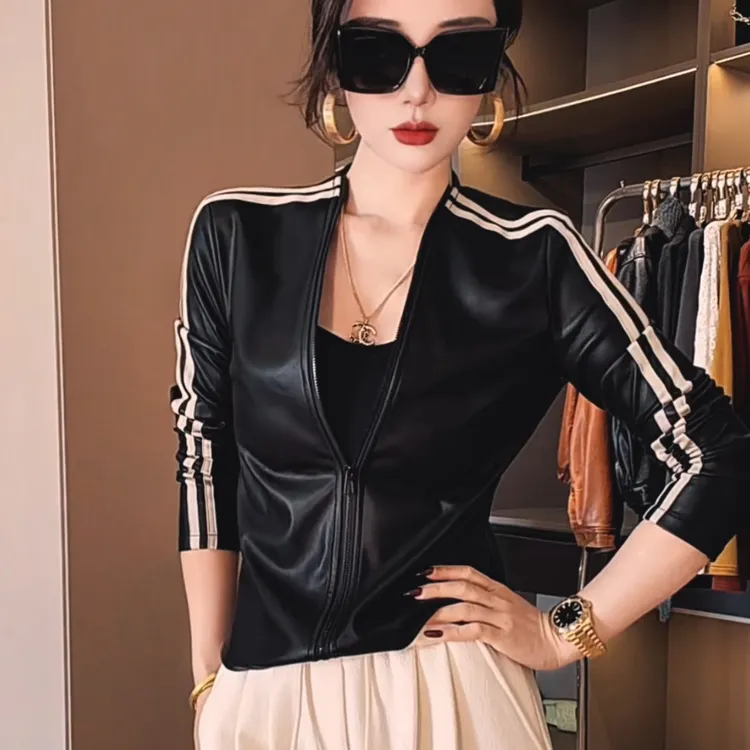 莎火火-秋冬新款加绒pu皮外套修身显瘦拉链小衫女上衣6635