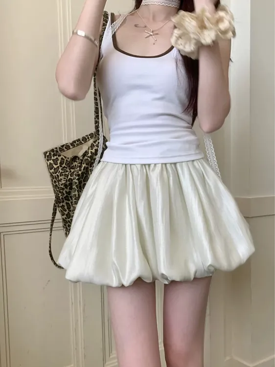 甜美减龄云朵蓬蓬裙女夏季新款高腰芭蕾风珠光感花苞短裙