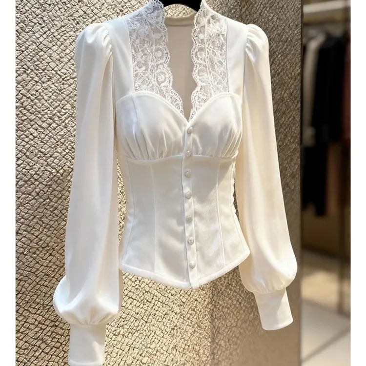 高端小资小上衣巨好看高级感气质御姐掐腰蕾丝拼接白色丝绒衬衫冬