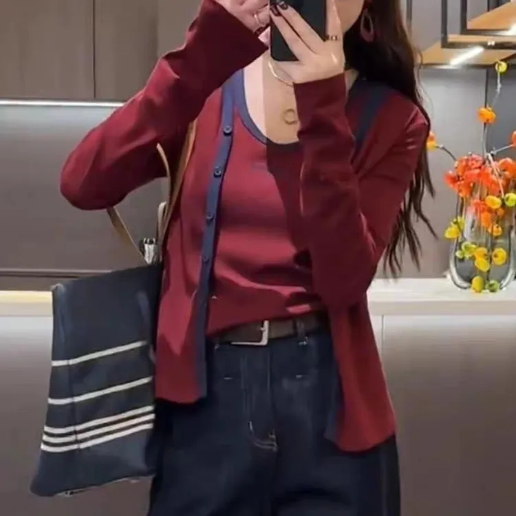 小香风韩系开衫拼色长袖外套女配吊带背心百搭显瘦气质恤两件套