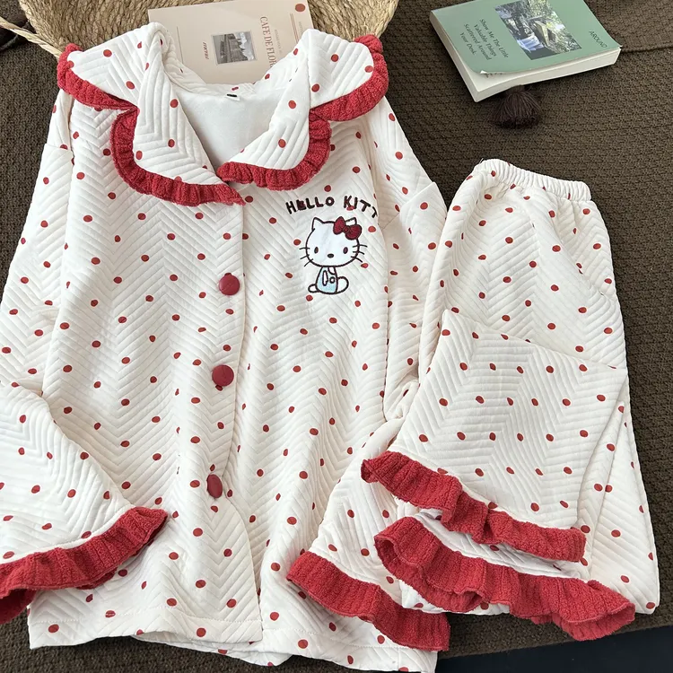 空气棉软萌少女可爱奶油圆点kitty睡衣秋冬季甜美花边家居服套装