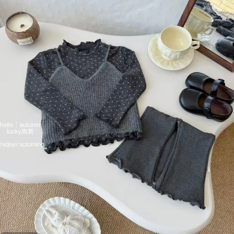女童秋季韩版套装2025新款韩系女宝宝针织吊带打底衫喇叭裤秋季潮