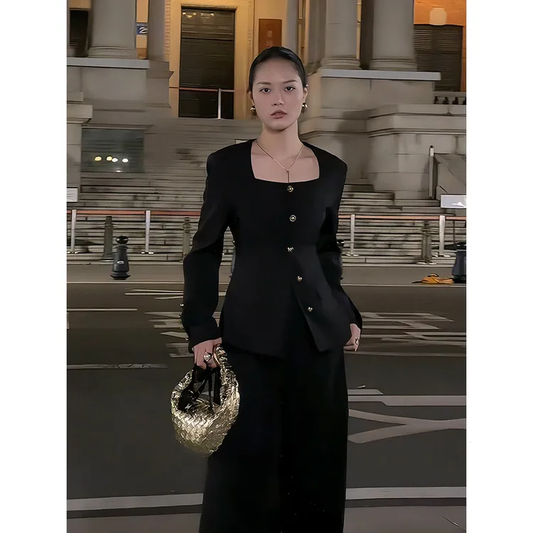 小香风西装套装女2025秋新款单排扣方领长袖上衣高腰阔腿裤两件套