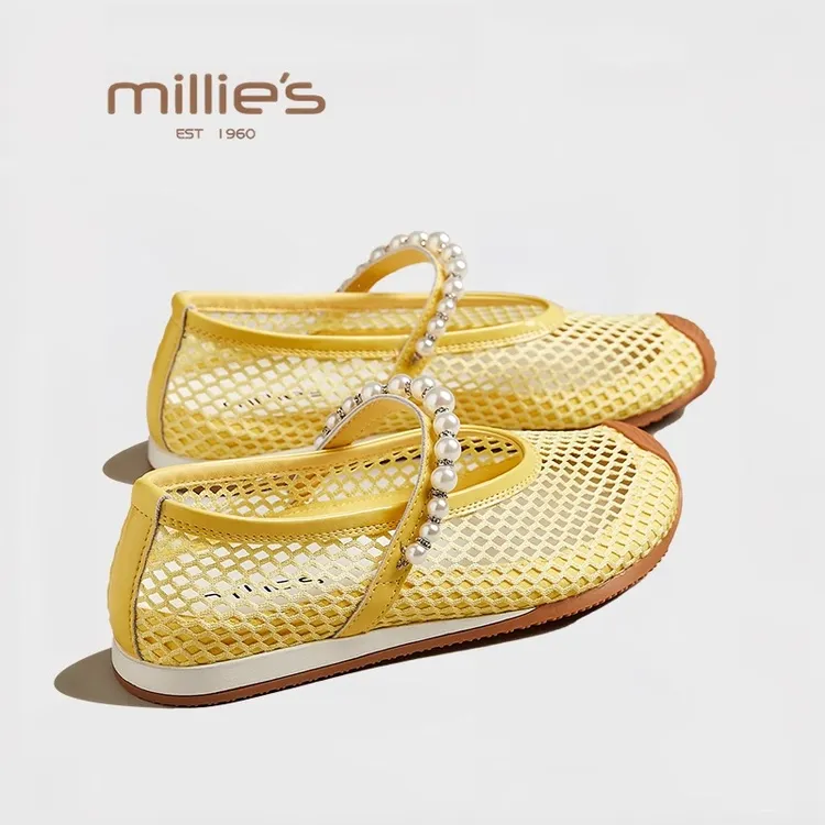MILLIE'S/妙丽超软渔网镂空珍珠玛丽珍鞋女款2025夏新款浅口单鞋