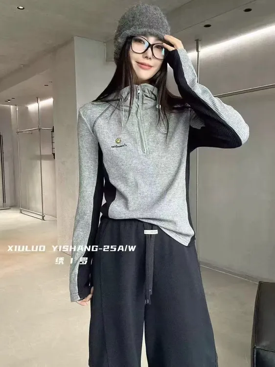 2025秋季新款欧货修身洋气简约显瘦连帽拼色洋气百搭上衣1798