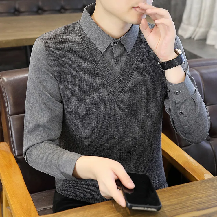 高档假两件毛衣男士衬衫领打底衫秋冬新款时尚百搭潮流帅气男上衣