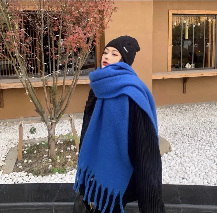 纯色披肩围巾冬季加厚高级保暖韩系氛围2025围脖克莱因蓝男女款