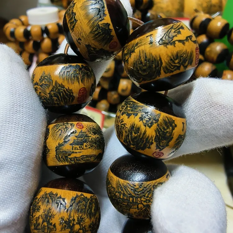 雅青阁葫芦写意山水手串葫芦针刺微雕墨刻葫芦文玩把玩把件手把