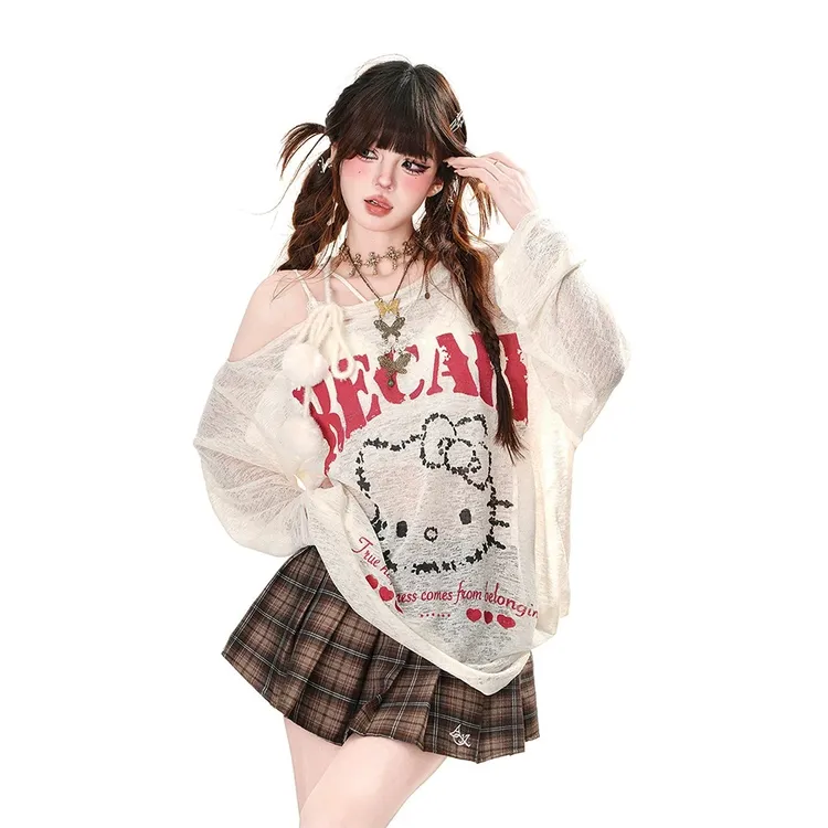 小众T恤时尚长袖通勤韩版秋冬美式辣妹大码上衣搭配格子裙8091