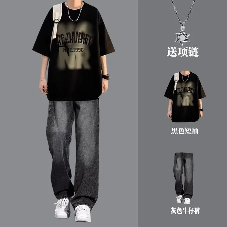 美式短袖t恤男痞帅套装纯棉重磅宽松潮流休闲上衣夏季男装一整套