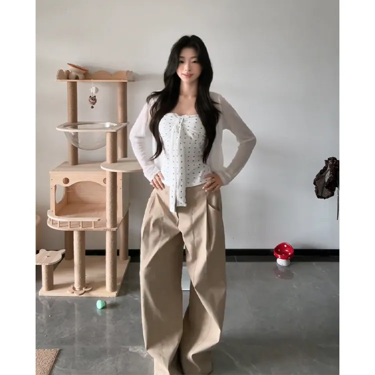 2025夏季新款法式气质薄款开衫修身波点抹胸上衣高腰显瘦阔腿长裤