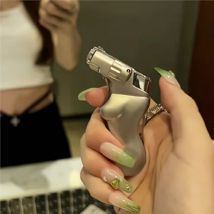 网红创意防风打火机美女模型七彩灯小焊金属艾灸透明仓个性点火