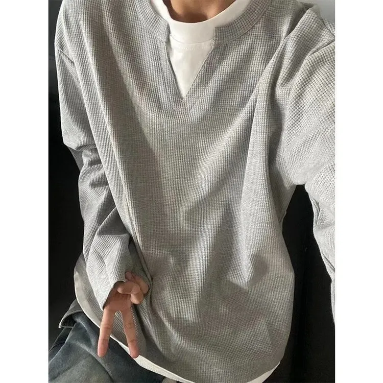 韩简约假两件拼接长袖T恤男女vintage华夫格设计感宽松情侣上衣