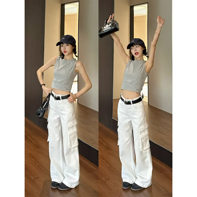王家有鱼2025春夏新款白色小个子工装阔腿裤时尚百搭显瘦牛仔裤女