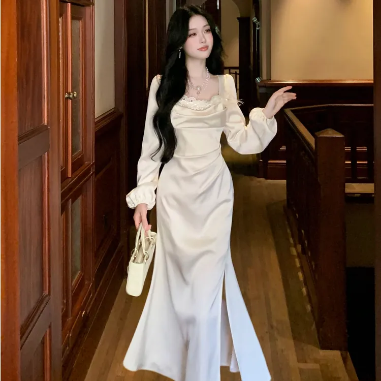 Blovelan雪幔穹音 名媛气质缎面礼服鱼尾连衣裙