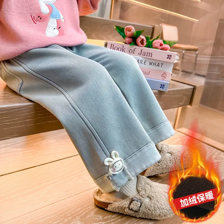 女童冬季加绒牛仔裤儿童2025新款冬款休闲裤小女孩加厚直筒裤子潮