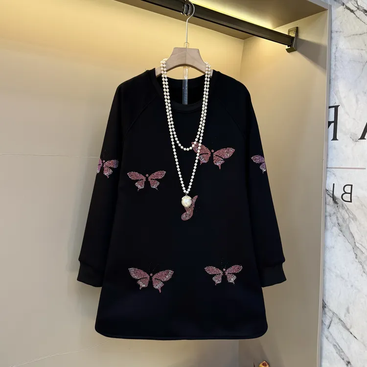 2025秋冬欧货新款点钻蝴蝶设计时髦黑色大版卫衣加绒气质上衣2887