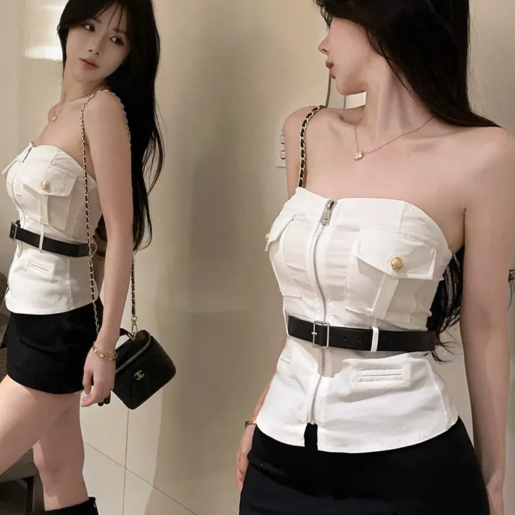 美式工装吊带背心女夏季甜酷辣妹一字肩显瘦抹胸小上衣绝美高级感