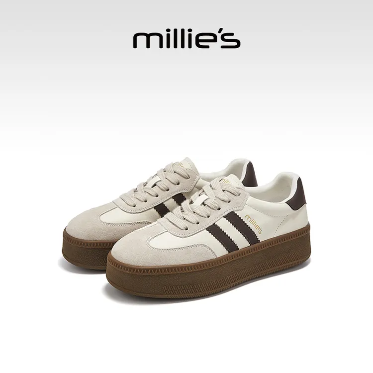 MILLIE'S/妙丽圆头厚底复古条纹撞色拼接设计时尚休闲小白鞋秋季