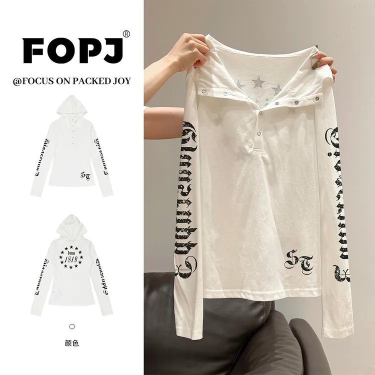 FOPJ夏季美式辣妹穿搭连帽防晒罩衫潮牌长袖t恤女修身显瘦设计感