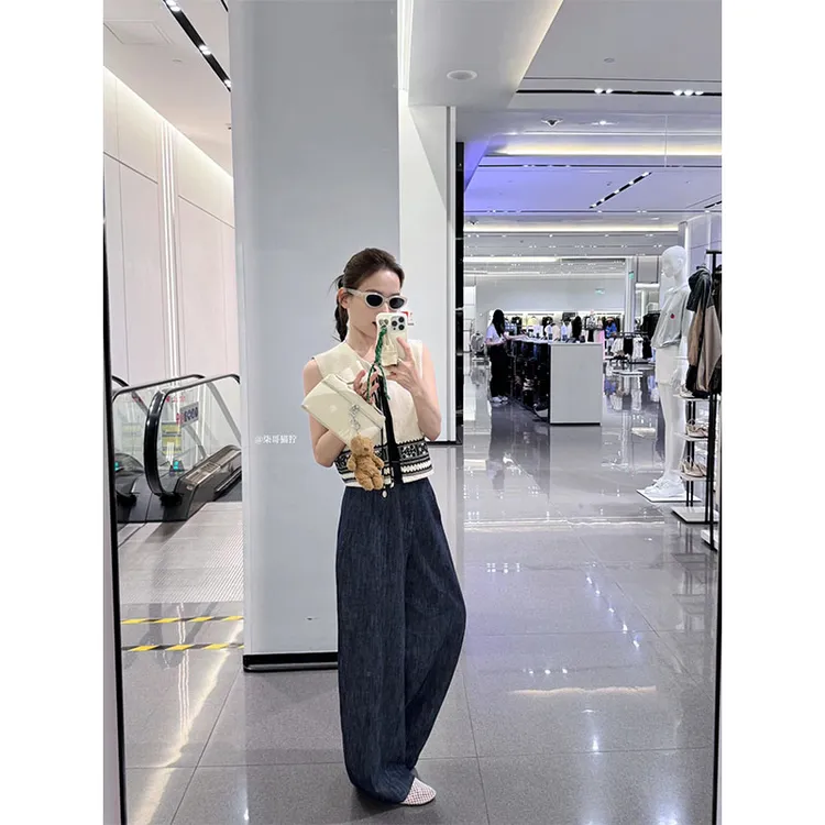 夏季设计感小众洋气系带撞色无袖上衣高腰休闲百搭宽松阔腿裤套装