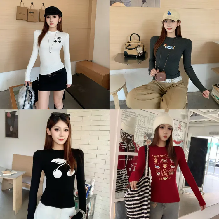 【多版本】磨毛加厚内搭打底衫女冬季修身正肩T恤收腰长袖上衣