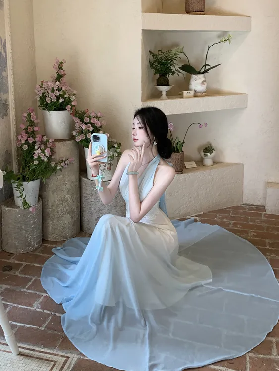 【雅乔定制】圣托里尼 蓝色渐变系带挂脖连衣裙长裙DYYK-25022260