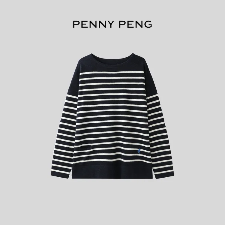 PENNYPENG 航海日记 冬季新款宽松针织圆领羊毛条纹长袖套头衫