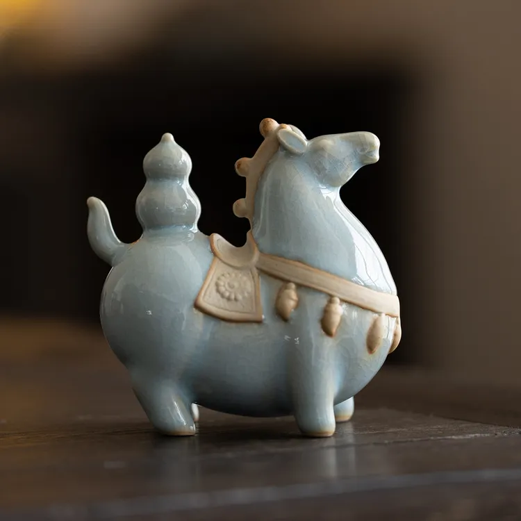 汝窑马上有福禄葫芦小唐马茶宠摆件精品手工茶道桌面摆设家居装饰