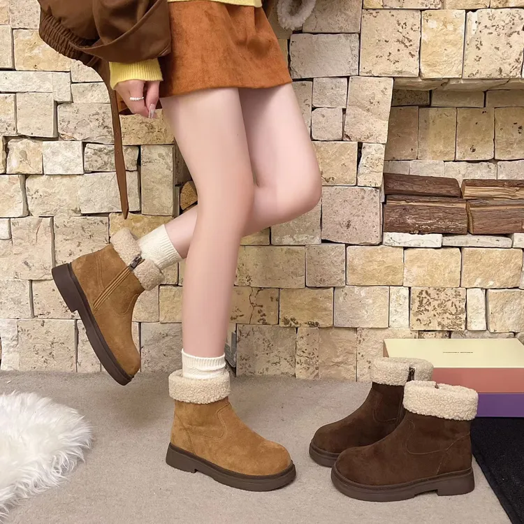 时尚百搭防滑短靴女款2025新款爆款韩版侧拉链休闲棉靴女冬季保暖