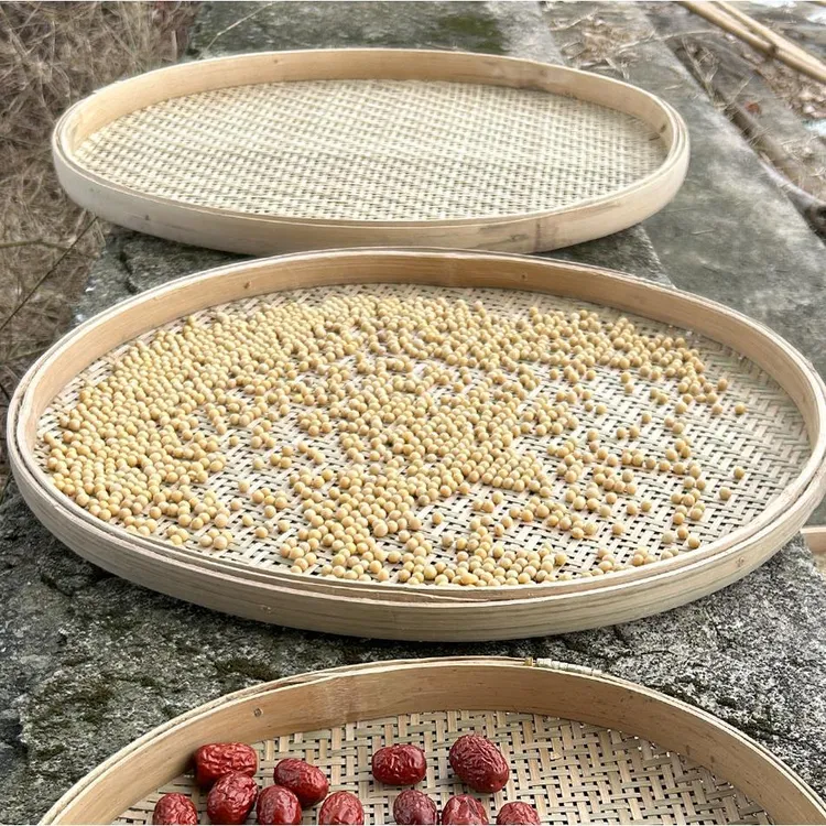 竹编制品家用圆簸箕 有孔无孔竹筛子大号竹匾漏筛 竹簸箕晾晒竹筐