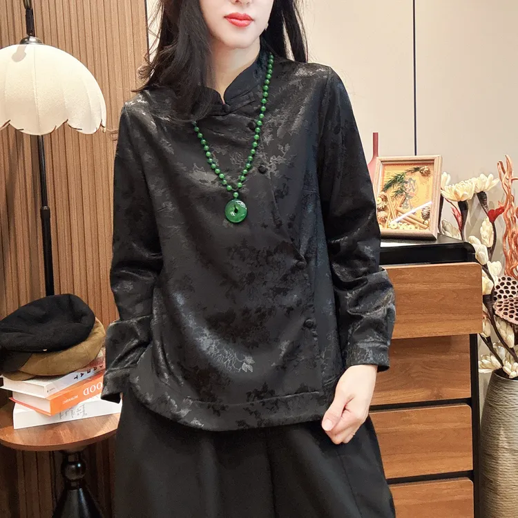 5308加绒保暖新中式国风立领斜襟提花盘扣显瘦长袖女冬季复古上衣