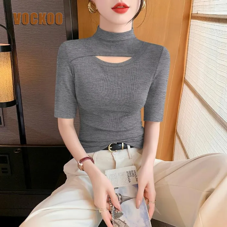 VOCKOO半高领中袖打底衫女2025新款春秋内搭修身t恤高级感镂空洋