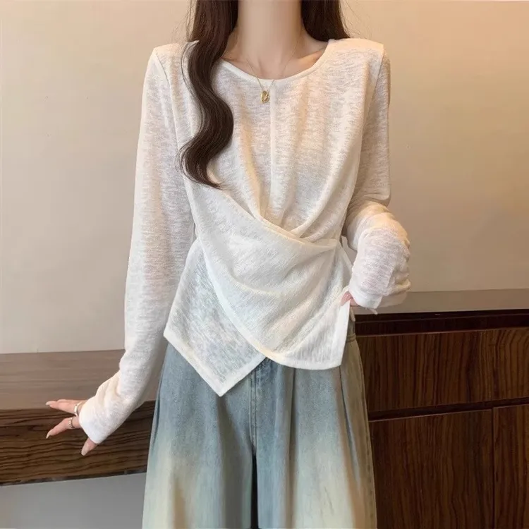 薄款竹节棉正肩长袖T恤女2025春新款大码胖mm卡腰小衫不规则上衣