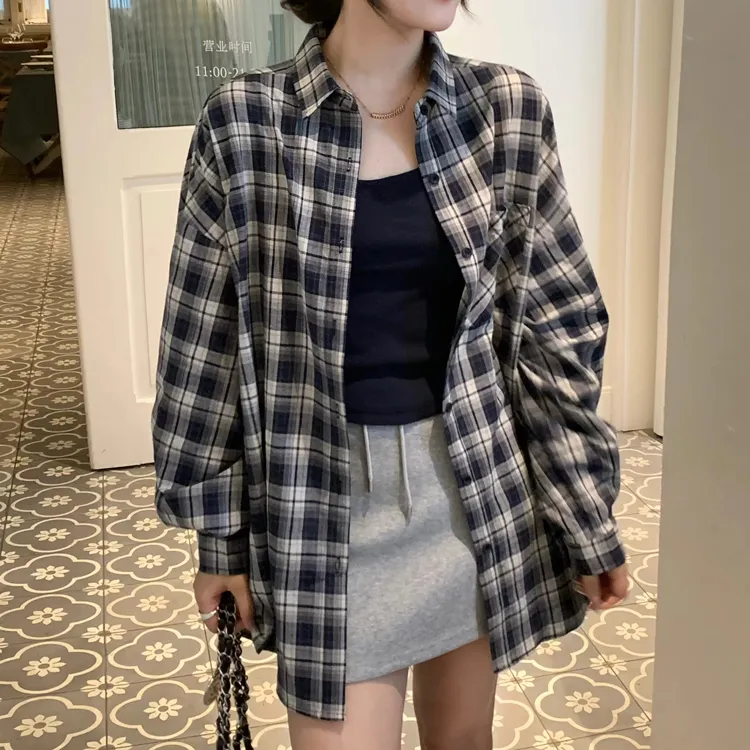liyunzhen李允珍8196格子衬衫二件套女2025秋冬宽松显瘦中长上衣