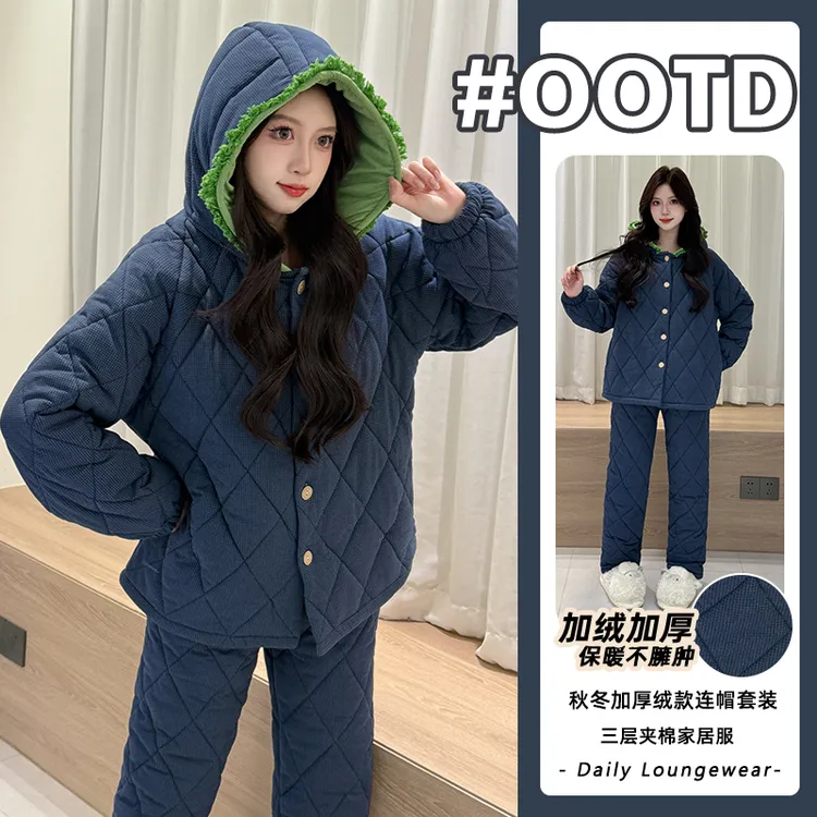 2025冬季新款三层夹棉加绒加厚连帽睡衣女套装保暖休闲家居服